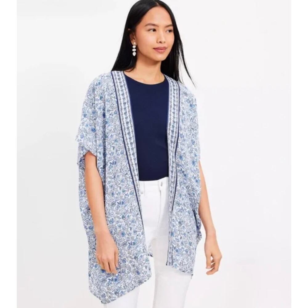 LOFT Floral Kimono Cardigan Blue White Sz Medium Large Santorini Greece Coastal